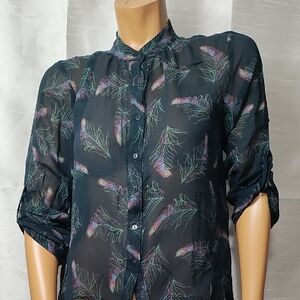 Hinge Black Button Down Shirt with‎ Cuffed Sleeves and Mandarin Collar